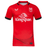 The Ulster 24/25 Replica Away Jersey by Castore is an athletic fit, red sports jersey displaying the Ulster Rugby logo and "Kingspan" branding in white text. It includes a black collar and sleeve trim to create a striking contrast.