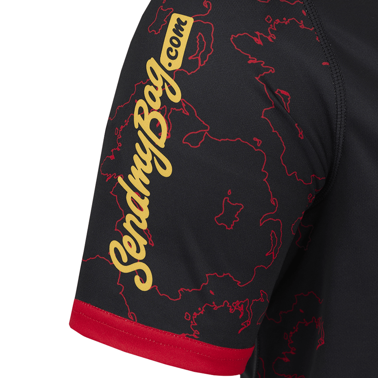 Close-up of the Ulster Rugby 24/25 Replica Provincial Jersey by Castore, showcasing a black sleeve with red trim and an eye-catching red and yellow abstract pattern. The "SendmyBag.com" text is printed in bold yellow, embodying the vibrant spirit that Castore is renowned for.