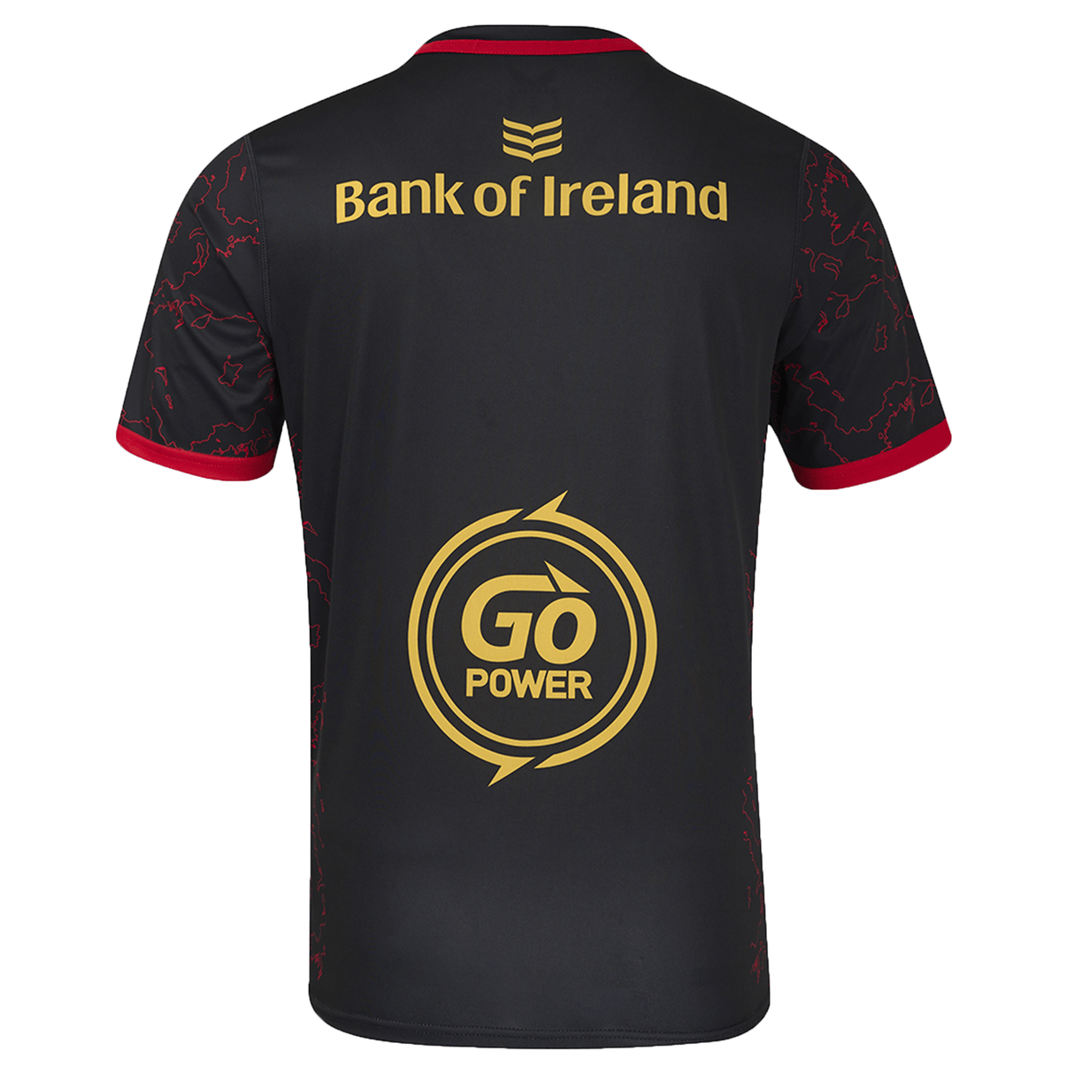 On the back of the Ulster Rugby 24/25 Replica Provincial Jersey by Castore in black, you'll find striking red accents with "Bank of Ireland" positioned at the top and a prominent "Go Power" logo below.