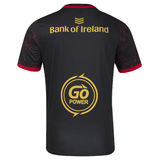 On the back of the Ulster Rugby 24/25 Replica Provincial Jersey by Castore in black, you'll find striking red accents with "Bank of Ireland" positioned at the top and a prominent "Go Power" logo below.