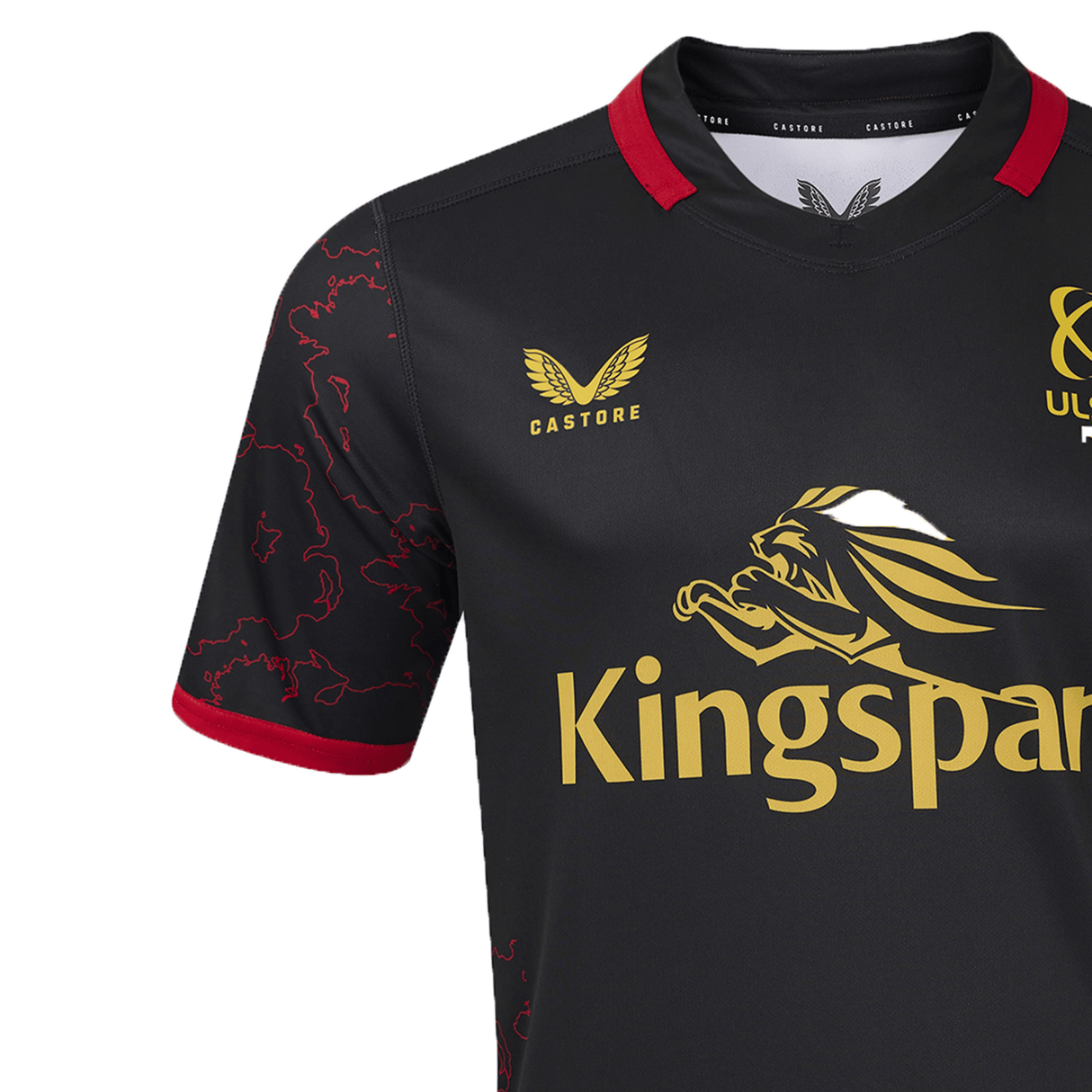 The Ulster Rugby 24/25 Replica Provincial Jersey by Castore showcases a bold gold and white lion emblem alongside the "Kingspan" text on its front. Stylish red accents embellish the sleeves and collar, perfectly complementing the distinguished Castore logo on the chest, making it an essential piece for every devoted Ulster Rugby supporter.
