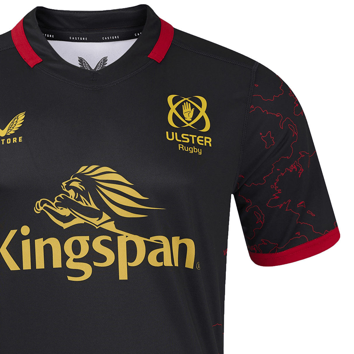 The Ulster Rugby 24/25 Replica Provincial Jersey by Castore features a bold lion logo, Kingspan sponsor branding, and an elegant red-trimmed collar.