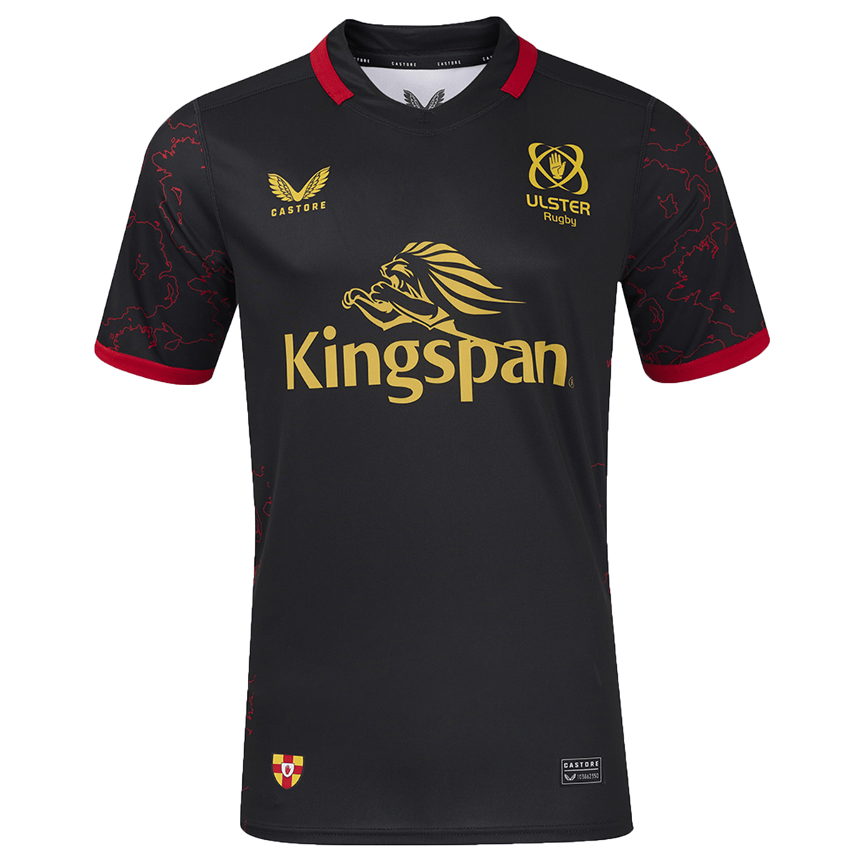 Introducing the Ulster Rugby 24/25 Replica Provincial Jersey by Castore, this black jersey features striking red accents, gold logos, and a lion design on the chest, perfectly reflecting the spirit of the team.