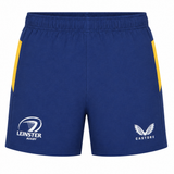 The Leinster 25/26 Home Pro Short by Castore features a blue design with yellow side accents, high-performance ripstop fabric, Leinster Rugby logo on the left leg, and the Castore logo on the right.