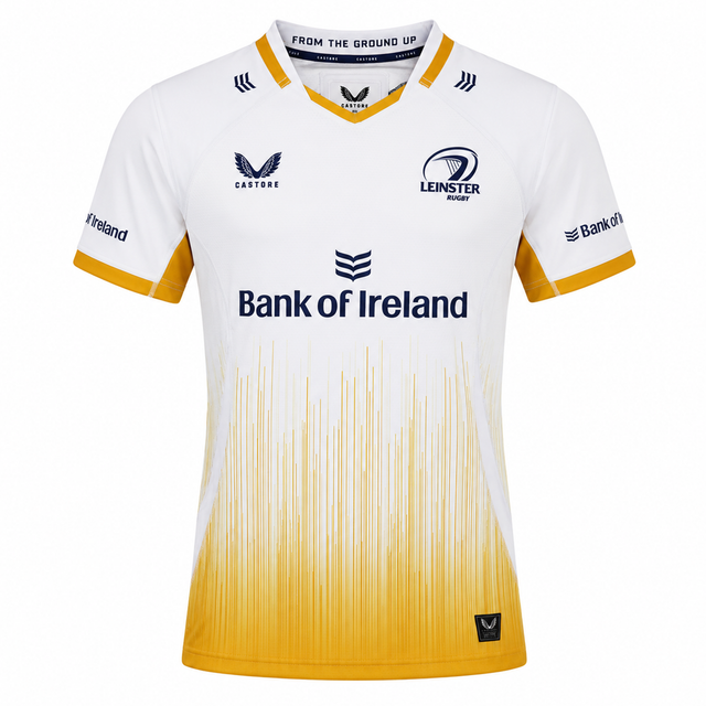 The Leinster 25/26 Away Pro Shirt by Castore features white and yellow with blue accents, Bank of Ireland sponsor logo, and Castore branding on the chest. Made from high-performance technical fabric for a professional-grade jersey.