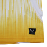 Close-up of the Leinster 25/26 Away Pro Shirt by Castore, a yellow and white jersey with vertical gradient lines, black patch label on the lower hem, and crafted from high-performance technical fabric.