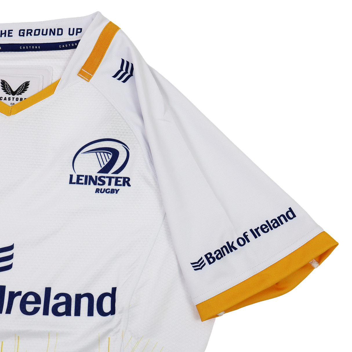 The Leinster 25/26 Away Pro Shirt by Castore is a pro-grade white jersey with yellow trim, made from technical fabric, and features Castore, Bank of Ireland, and Leinster Rugby logos.