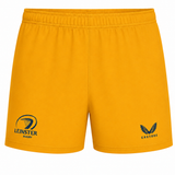 The Leinster 25/26 Away Pro Short by Castore features a yellow design with the Leinster Rugby logo on the left leg and the Castore logo on the right, as part of the official away pro range.