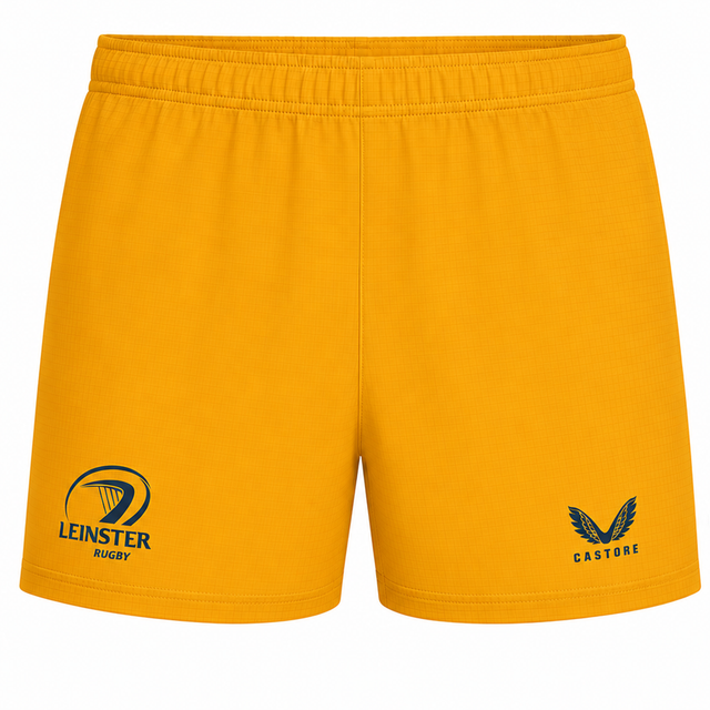 The Leinster 25/26 Away Pro Short by Castore features a yellow design with the Leinster Rugby logo on the left leg and the Castore logo on the right, as part of the official away pro range.