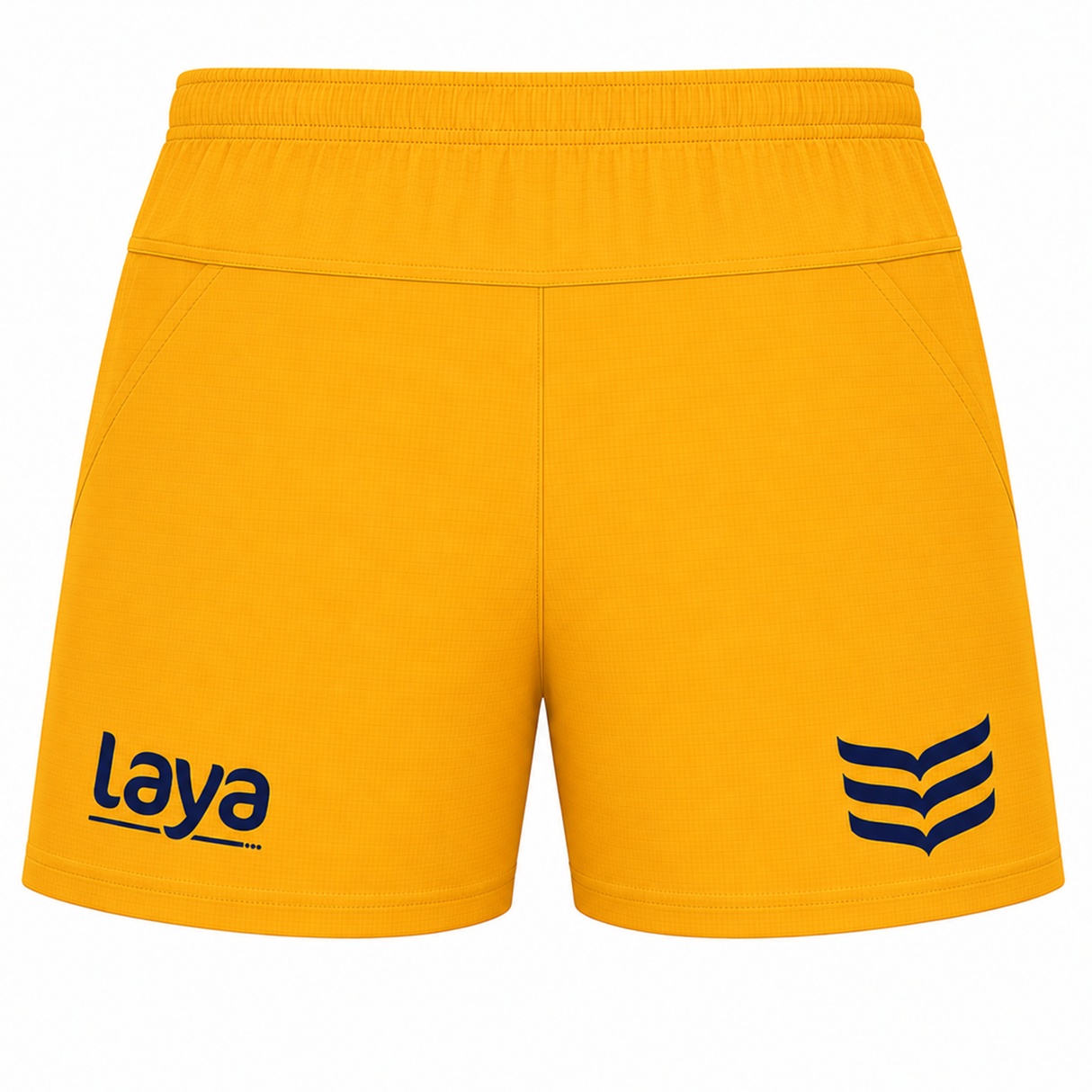 The Castore Leinster 25/26 Away Pro Short features yellow athletic fabric, a "Laya" logo on the left leg, and a blue wing emblem on the right, inspired by pro rugby styles for a dynamic look.