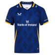 The Leinster 25/26 Third Pro Shirt by Castore features a blue design with yellow trim, wave-like pattern, Castore logo, and Bank of Ireland sponsor for ultimate rugby performance.
