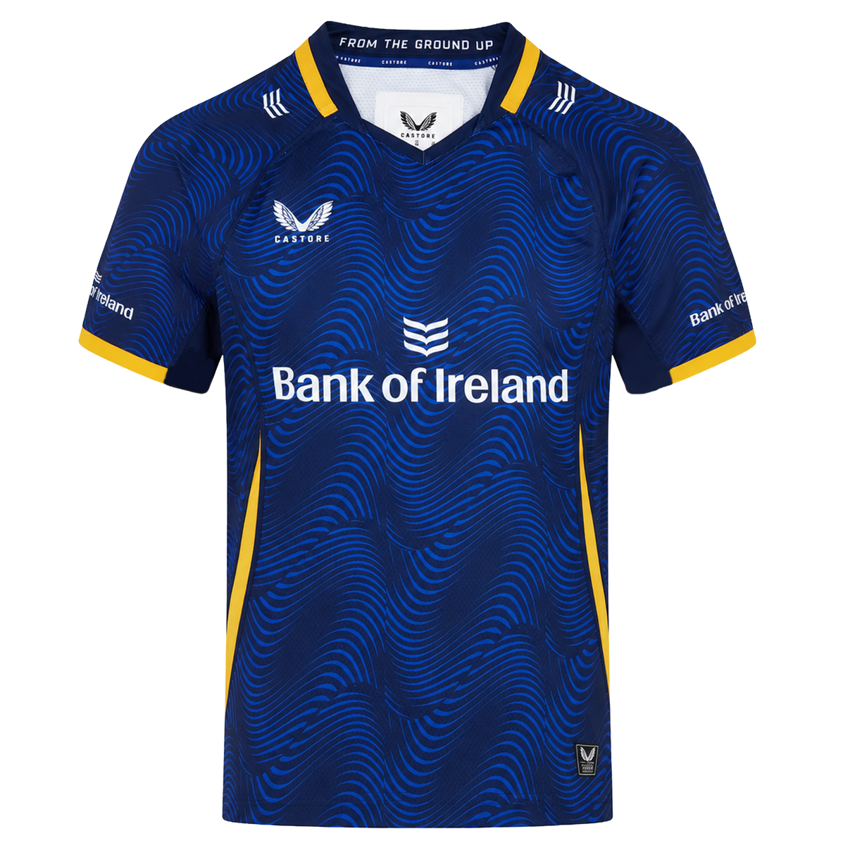The Leinster 25/26 Third Pro Shirt by Castore features a blue design with yellow trim, wave-like pattern, Castore logo, and Bank of Ireland sponsor for ultimate rugby performance.