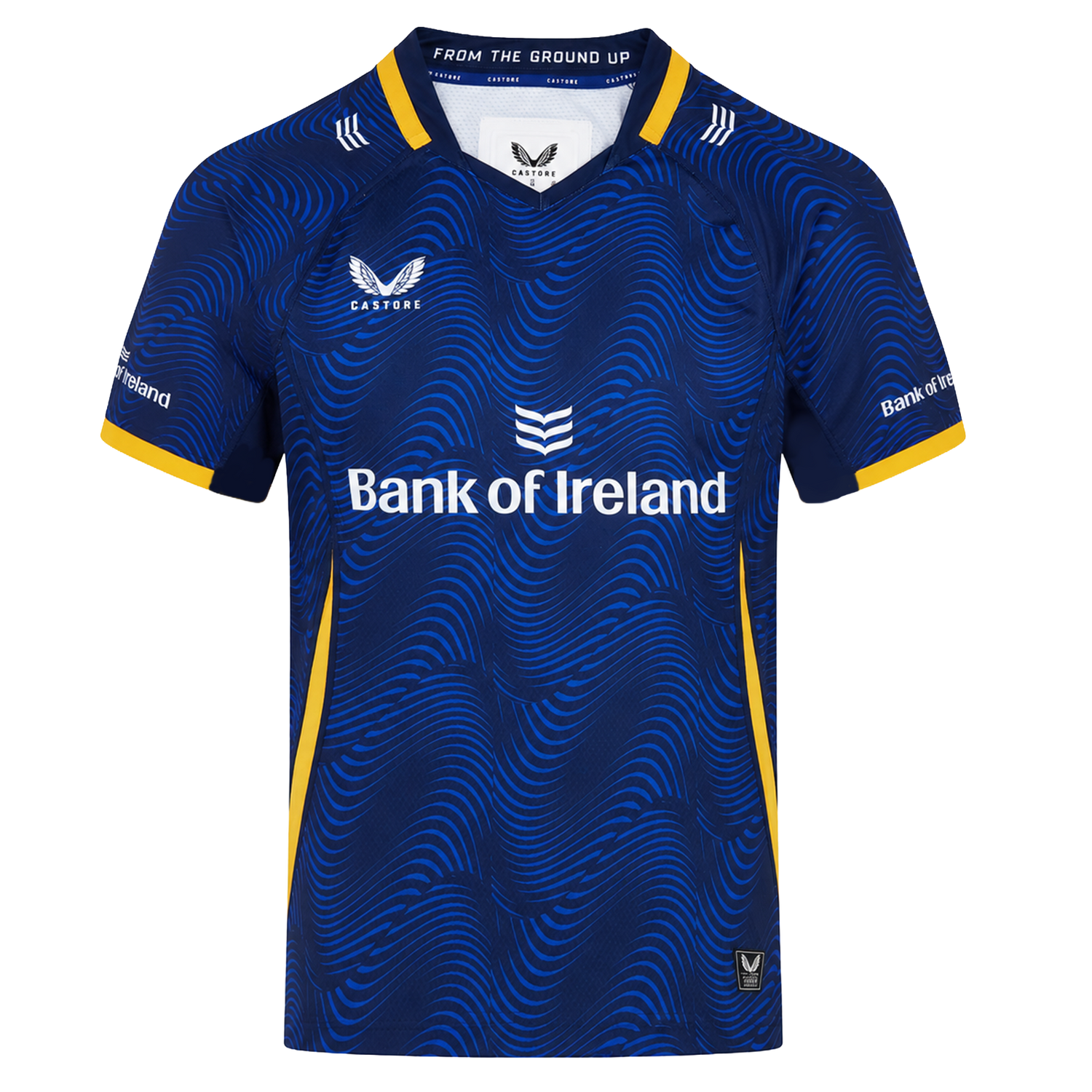 The Leinster 25/26 Third Pro Shirt by Castore features a blue design with yellow trim, wave-like pattern, Castore logo, and Bank of Ireland sponsor for ultimate rugby performance.
