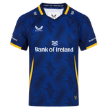 The Leinster 25/26 Third Pro Shirt by Castore features a blue design with yellow trim, wave-like pattern, Castore logo, and Bank of Ireland sponsor for ultimate rugby performance.