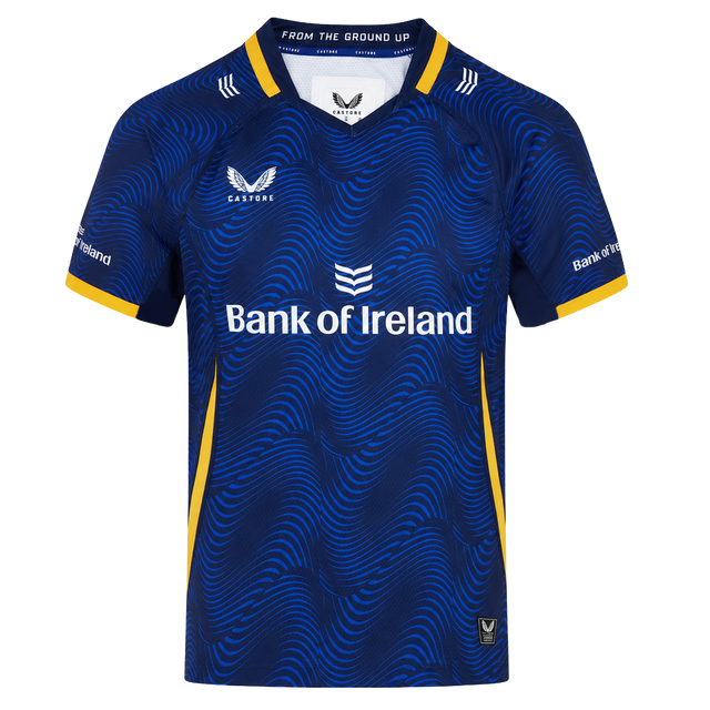 The Leinster 25/26 Third Pro Shirt by Castore features a blue design with yellow trim, wave-like pattern, Castore logo, and Bank of Ireland sponsor for ultimate rugby performance.