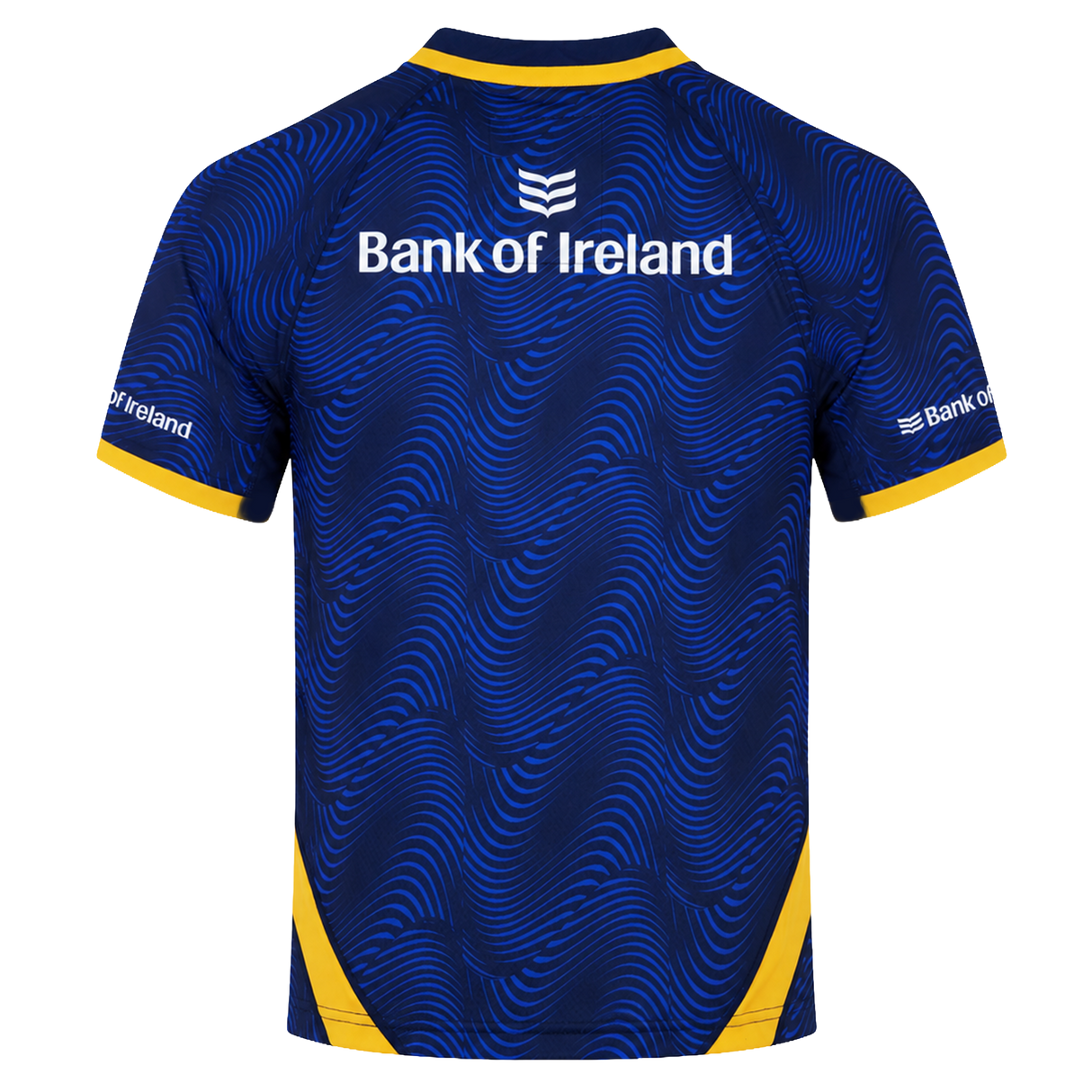 The Leinster 25/26 Third Pro Shirt by Castore is a navy rugby shirt with yellow trim, the "Bank of Ireland" logo, and white wave patterns on the back and sleeves—designed for top-level performance.