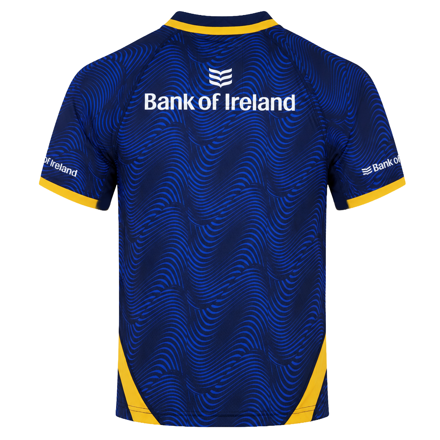 The Leinster 25/26 Third Pro Shirt by Castore is a navy rugby shirt with yellow trim, the "Bank of Ireland" logo, and white wave patterns on the back and sleeves—designed for top-level performance.
