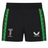 The Harlequins 22/23 Home Shorts by Castore feature green patterned side panels, the Harlequins logo on the left leg, and the Castore logo on the right—ideal rugby shorts for fans.