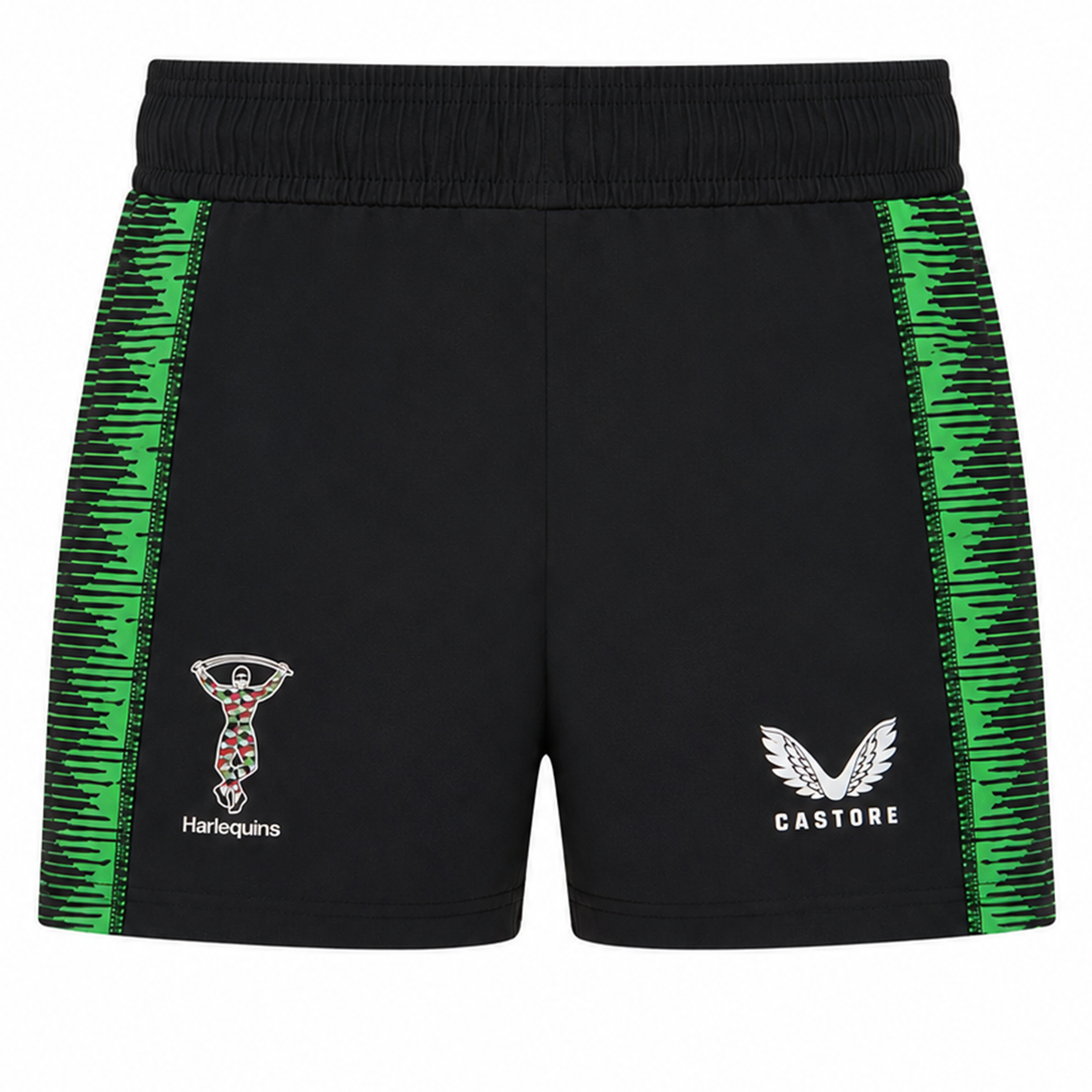 The Harlequins 22/23 Home Shorts by Castore feature green patterned side panels, the Harlequins logo on the left leg, and the Castore logo on the right—ideal rugby shorts for fans.