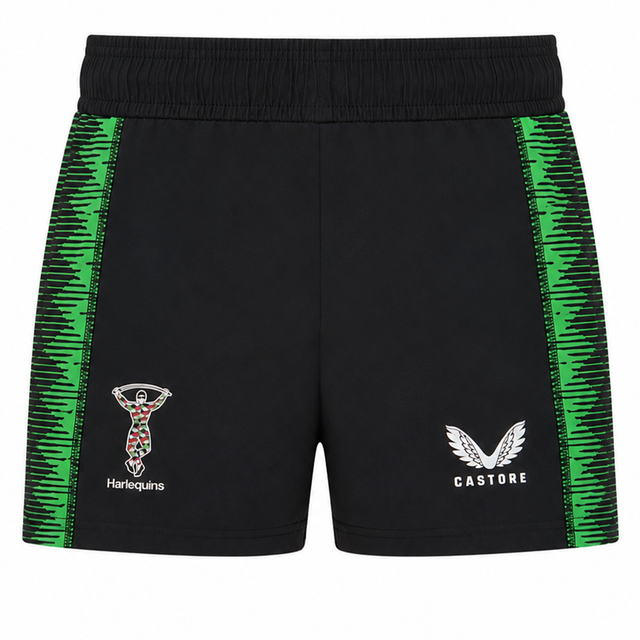 The Harlequins 22/23 Home Shorts by Castore feature green patterned side panels, the Harlequins logo on the left leg, and the Castore logo on the right—ideal rugby shorts for fans.