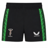 The Harlequins 22/23 Home Shorts by Castore feature green patterned side panels, the Harlequins logo on the left leg, and the Castore logo on the right—ideal rugby shorts for fans.