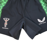 Harlequins 22/23 Home Shorts by Castore: Black shorts with the Harlequins logo on the left leg, Castore branding on the right, and bold green patterned side panels.