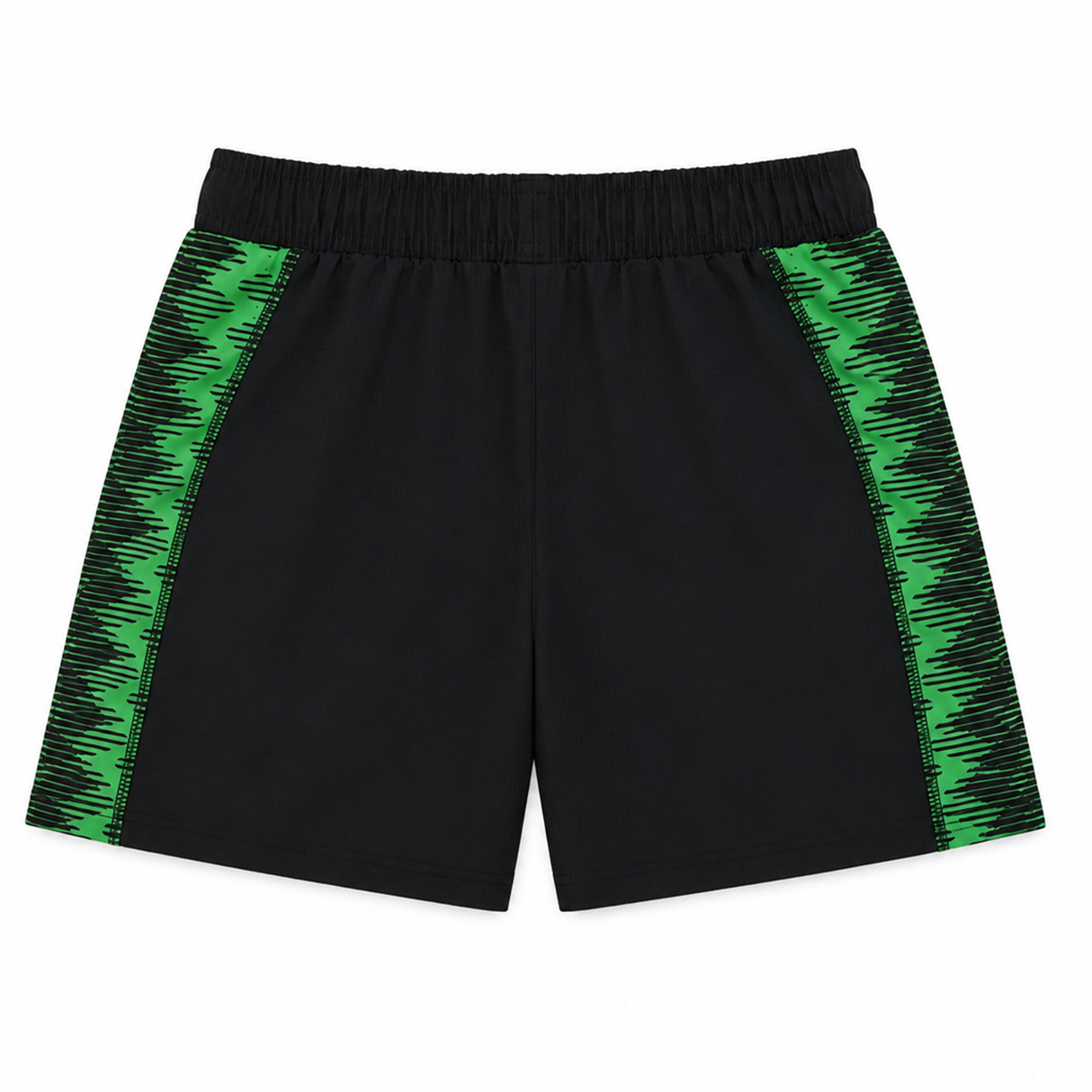 The Castore Harlequins 22/23 Home Shorts feature black fabric with green zigzag side panels, inspired by the club's classic style, and are displayed flat on a white background.