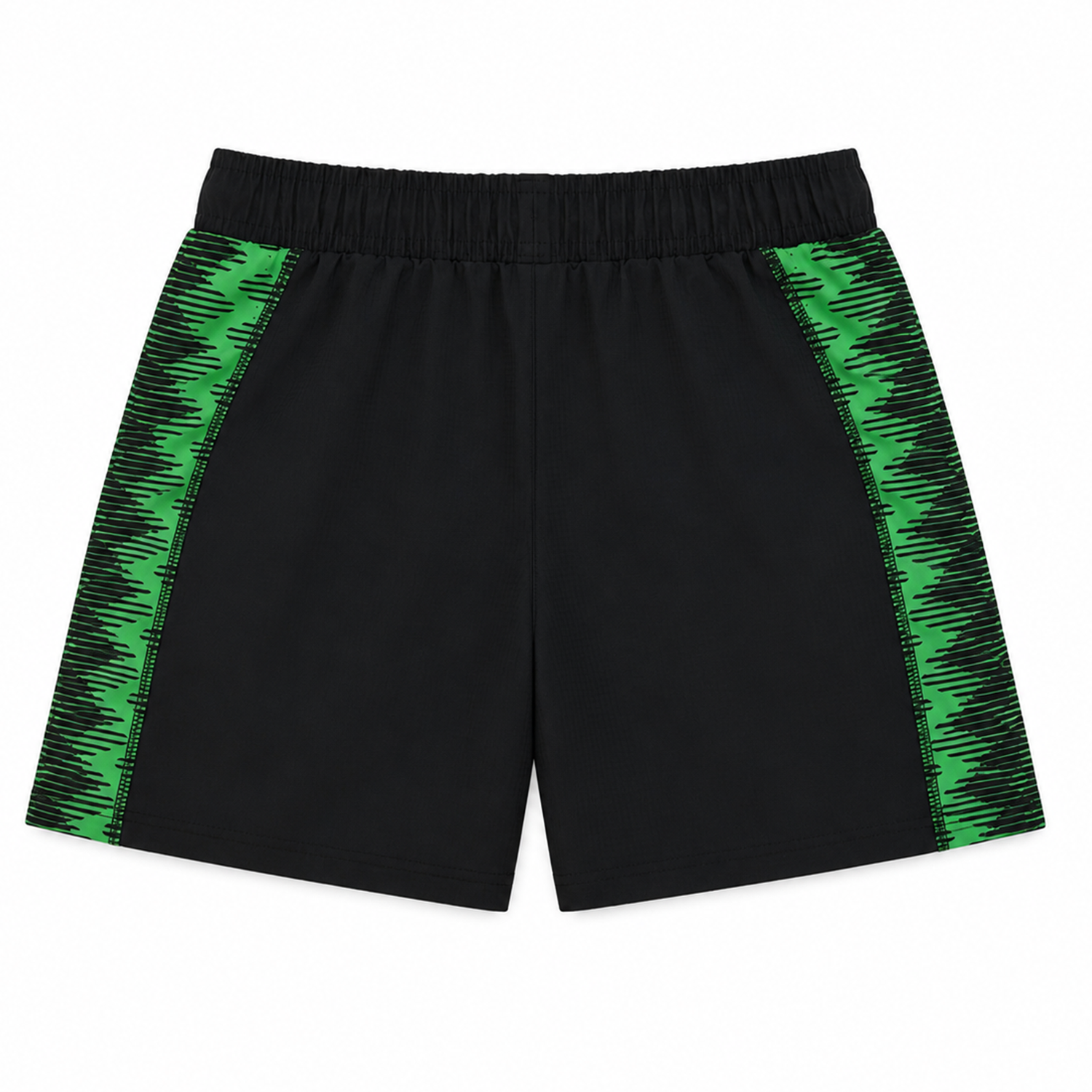 The Castore Harlequins 22/23 Home Shorts feature black fabric with green zigzag side panels, inspired by the club's classic style, and are displayed flat on a white background.
