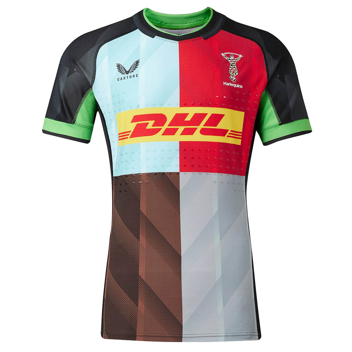 The Harlequins Pro Home Jersey 23/24 by Castore is a multi-colored rugby jersey featuring DHL, Castore, and club logos on the front.