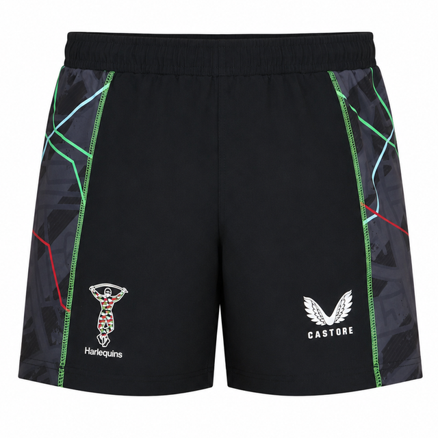The Harlequins 22/23 3rd Pro Short by Castore features green, red, and blue accents, plus both the Harlequins rugby club and Castore logos on the front—ideal for passionate fans.