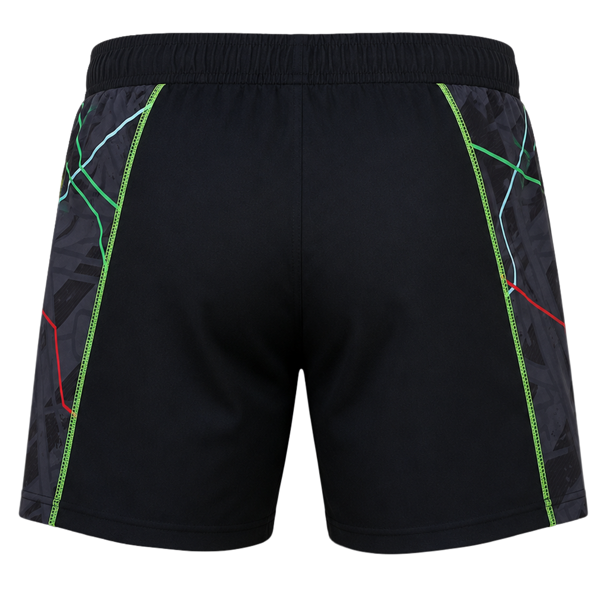 The Harlequins 22/23 3rd Pro Short by Castore—black rugby shorts with geometric side panels, accented by green and red lines, seen from the back and inspired by the Harlequins 3rd kit.