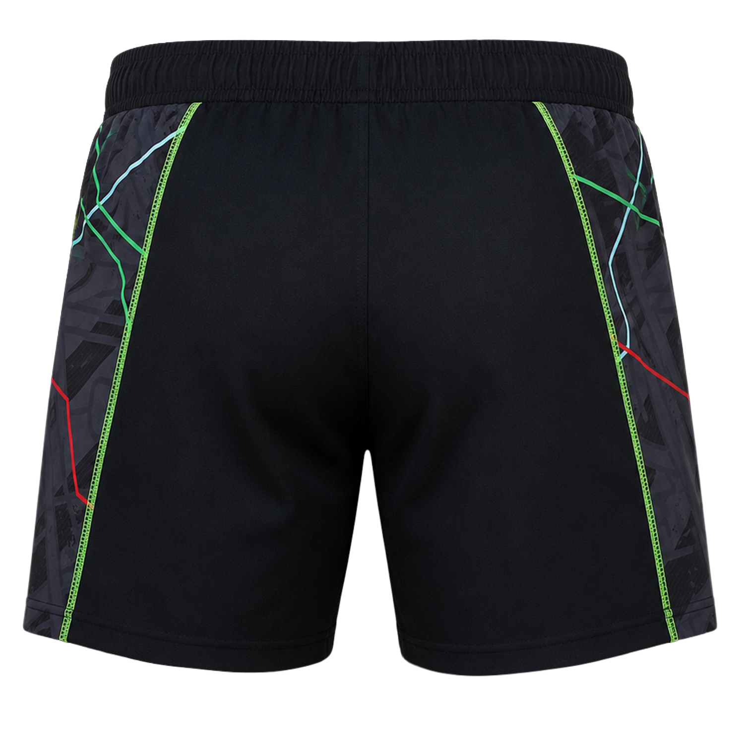 The Harlequins 22/23 3rd Pro Short by Castore—black rugby shorts with geometric side panels, accented by green and red lines, seen from the back and inspired by the Harlequins 3rd kit.