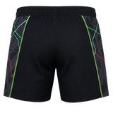 The Harlequins 22/23 3rd Pro Short by Castore—black rugby shorts with geometric side panels, accented by green and red lines, seen from the back and inspired by the Harlequins 3rd kit.