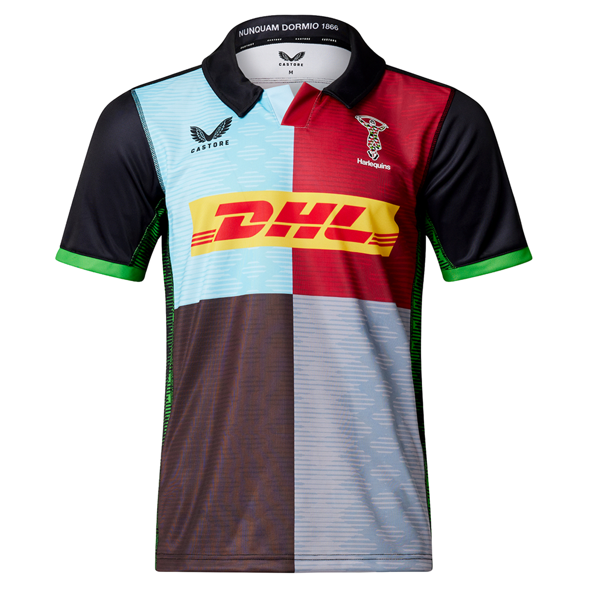 The Harlequins Replica Home Jersey 22/23 by Castore features black, red, blue, and brown panels with the DHL sponsor logo, Harlequins badge, and Castore branding for an iconic multicolored rugby style.