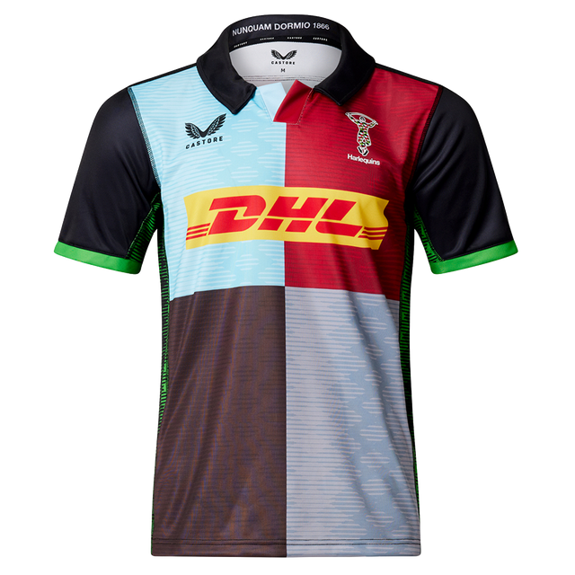The Harlequins Replica Home Jersey 22/23 by Castore features black, red, blue, and brown panels with the DHL sponsor logo, Harlequins badge, and Castore branding for an iconic multicolored rugby style.
