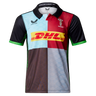 The Harlequins Replica Home Jersey 22/23 by Castore features black, red, blue, and brown panels with the DHL sponsor logo, Harlequins badge, and Castore branding for an iconic multicolored rugby style.