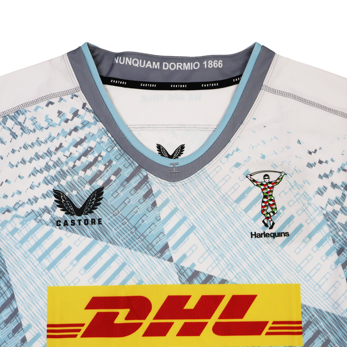 Close-up of the Harlequins Replica Away Jersey 22/23 by Castore, showcasing Castore and DHL logos, club crest, and "NUNQUAM DORMIO 1866" text inside the collar.