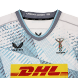 Close-up of the Harlequins Replica Away Jersey 22/23 by Castore, showcasing Castore and DHL logos, club crest, and "NUNQUAM DORMIO 1866" text inside the collar.