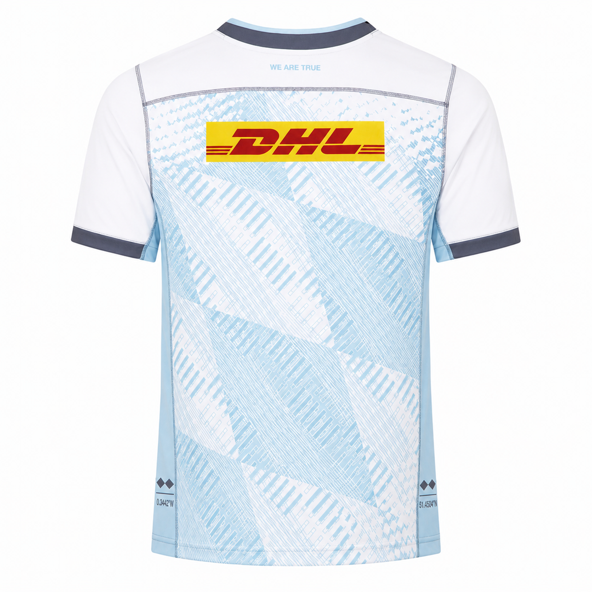 Back view of the Harlequins Replica Away Jersey 22/23 by Castore in light blue and white, featuring a DHL logo on the upper back and geometric patterns across the fabric.