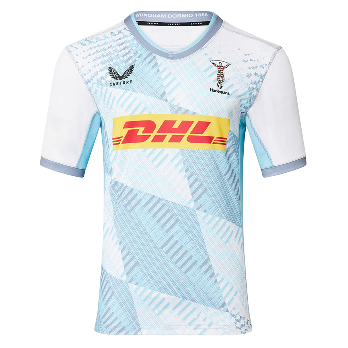 The Harlequins Replica Away Jersey 22/23 by Castore features a white and light blue geometric pattern, DHL sponsor logo, Castore branding, and club crest on the chest—a perfect rugby jersey for fans.