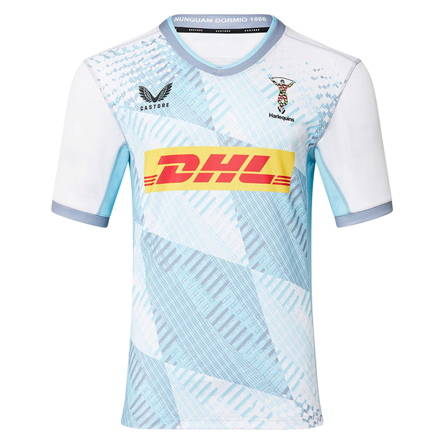 The Harlequins Replica Away Jersey 22/23 by Castore features a white and light blue geometric pattern, DHL sponsor logo, Castore branding, and club crest on the chest—a perfect rugby jersey for fans.