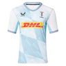 The Harlequins Replica Away Jersey 22/23 by Castore features a white and light blue geometric pattern, DHL sponsor logo, Castore branding, and club crest on the chest—a perfect rugby jersey for fans.