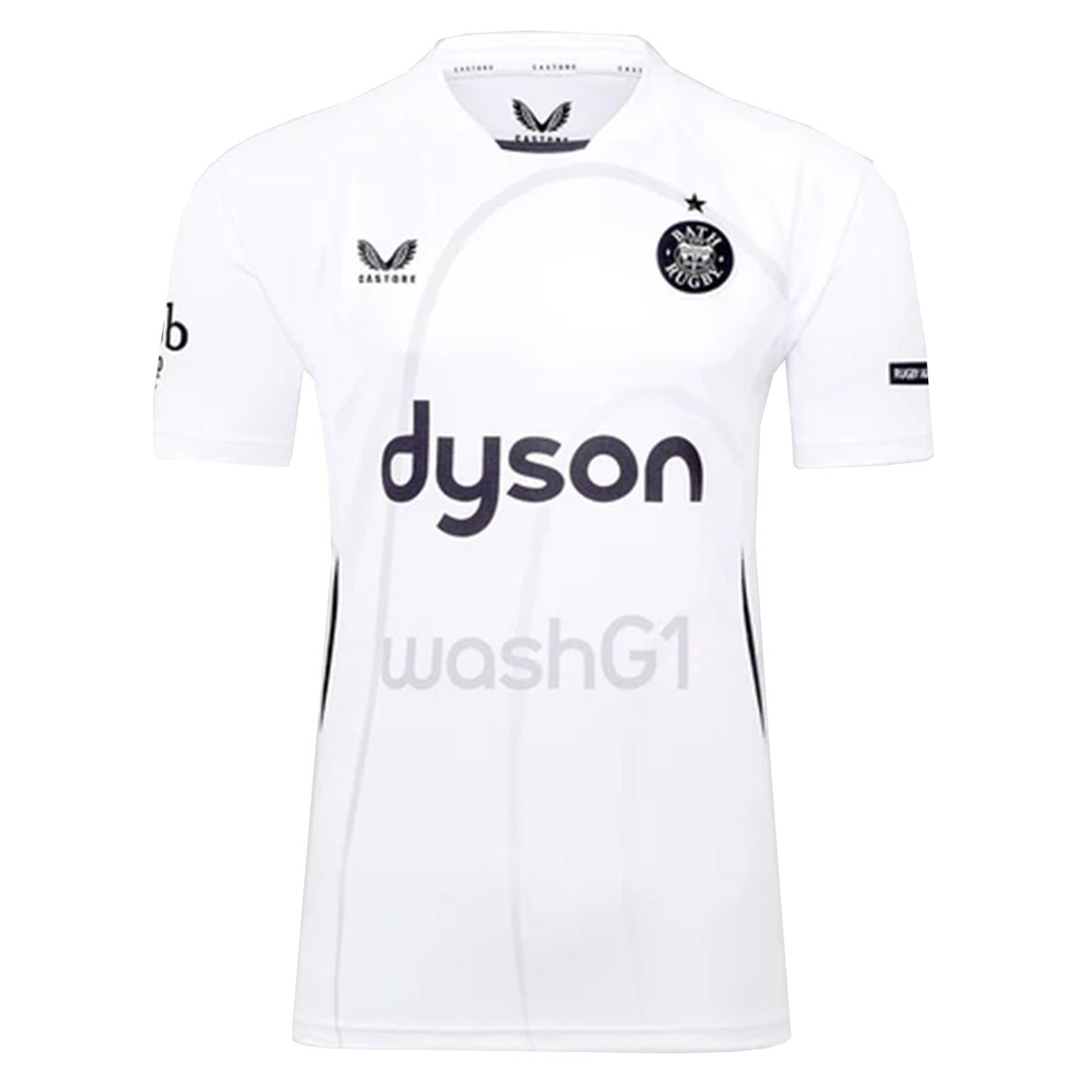 The Bath Rugby 25/26 Away Jersey by Castore is a white short-sleeve top with black "dyson" and "washG1" logos on the front, plus additional sponsor logos on the sleeves and chest.