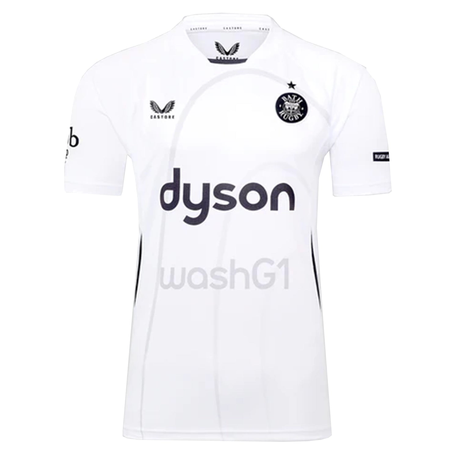 The Bath Rugby 25/26 Away Jersey by Castore is a white short-sleeve top with black "dyson" and "washG1" logos on the front, plus additional sponsor logos on the sleeves and chest.