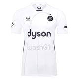 The Bath Rugby 25/26 Away Jersey by Castore is a white short-sleeve top with black "dyson" and "washG1" logos on the front, plus additional sponsor logos on the sleeves and chest.