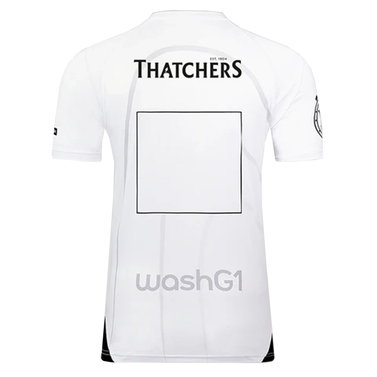 Back view of the Bath Rugby 25/26 Away Jersey by Castore in white, featuring "THATCHERS" at the top, a blank square in the center, and "washG1" near the bottom—official away jersey.
