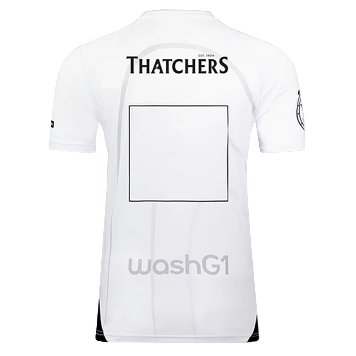 Back view of the Bath Rugby 25/26 Away Jersey by Castore in white, featuring "THATCHERS" at the top, a blank square in the center, and "washG1" near the bottom—official away jersey.