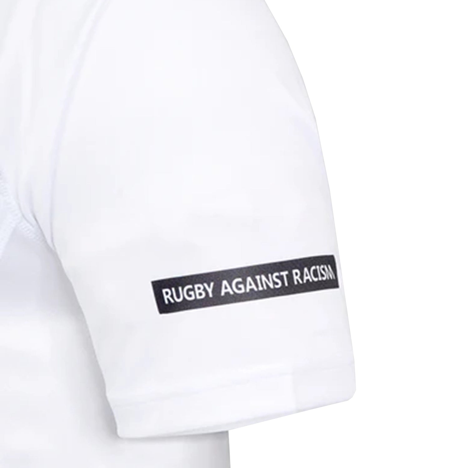 A close-up of the Bath Rugby 25/26 Away Jersey by Castore sleeve, featuring a "RUGBY AGAINST RACISM" black patch and highlighting the team's partnership with Castore.