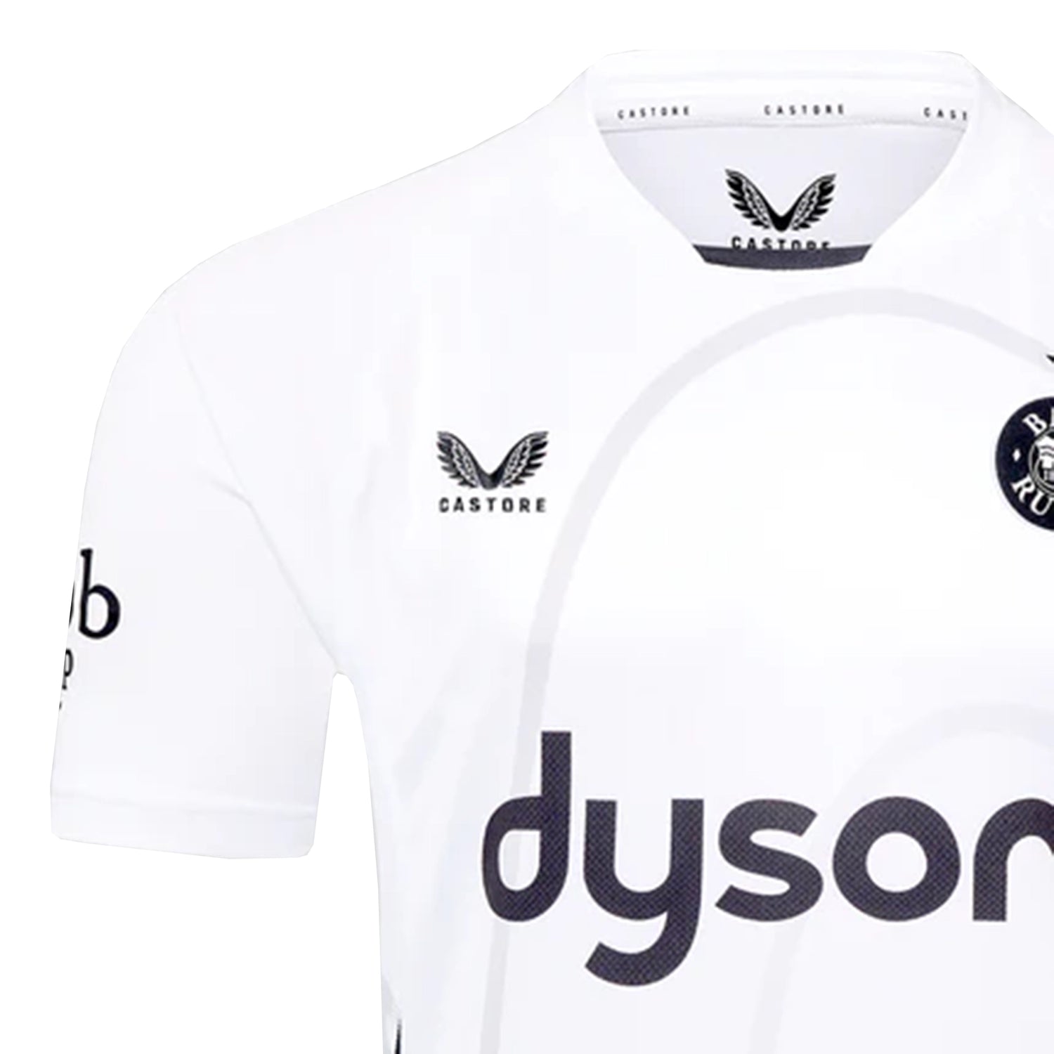 The Bath Rugby 25/26 Away Jersey by Castore is a white shirt featuring the Castore logo, Bath Rugby badge, and "dyson" as the main sponsor on the front.