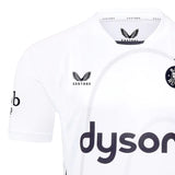 The Bath Rugby 25/26 Away Jersey by Castore is a white shirt featuring the Castore logo, Bath Rugby badge, and "dyson" as the main sponsor on the front.